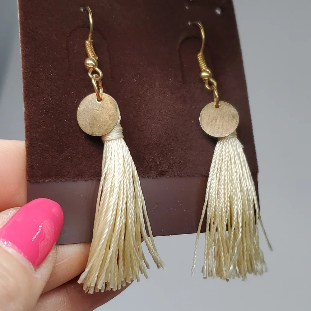 Boho Creme Tassel Earrings and Rhinestone Posts and Tassel Pendant Bundle